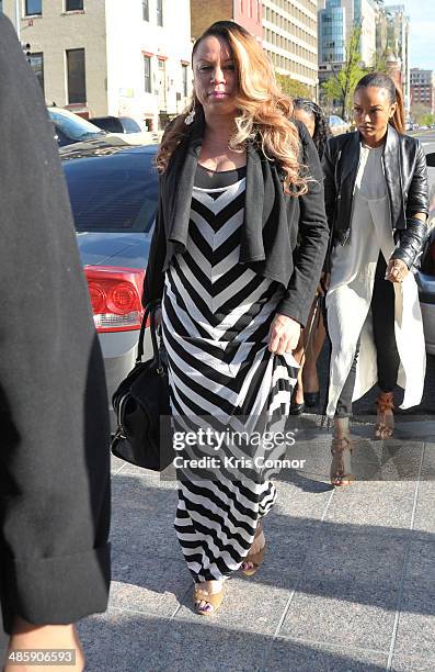 Joyce Hawkins arrives at the H. Carl Moultrie 1 Courthouse for the start of the Chris Brown's assault trial on April 21, 2014 in Washington, DC....