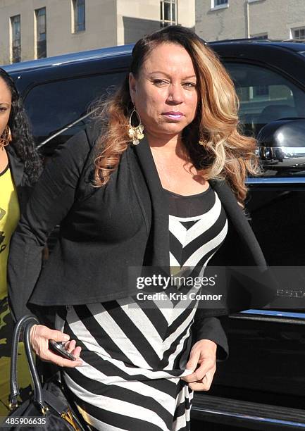 Joyce Hawkins arrives at the H. Carl Moultrie 1 Courthouse for the start of the Chris Brown's assault trial on April 21, 2014 in Washington, DC....