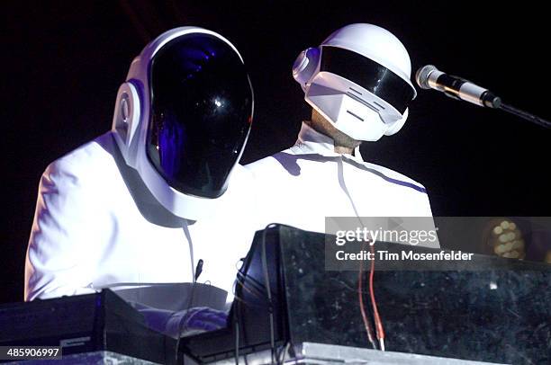 Guests dressed as Daft Punk performs with Arcadw Fire at the Coachella Valley Music and Arts Festival at The Empire Polo Club on April 20, 2014 in...
