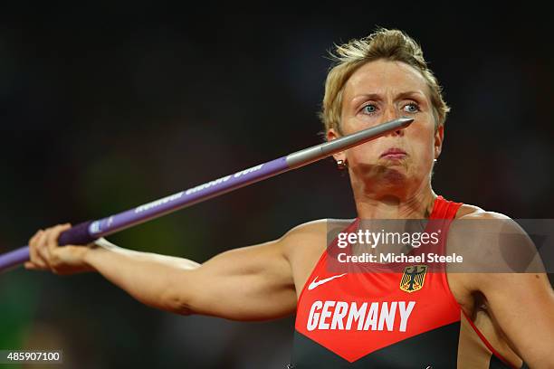 Christina Obergfoll of Germany competes in the Women's Javelin final during day nine of the 15th IAAF World Athletics Championships Beijing 2015 at...