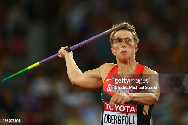 Christina Obergfoll of Germany competes in the Women's Javelin final during day nine of the 15th IAAF World Athletics Championships Beijing 2015 at...