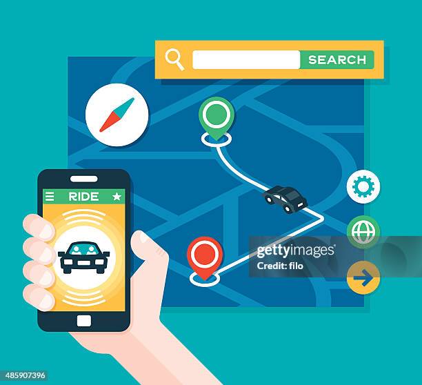 ilustraciones, imágenes clip art, dibujos animados e iconos de stock de la aplicación de transporte en taxi compartir - hora punta temas