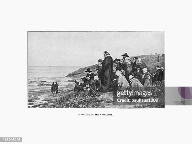 stockillustraties, clipart, cartoons en iconen met departure of the mayflower engraving - pilgrim