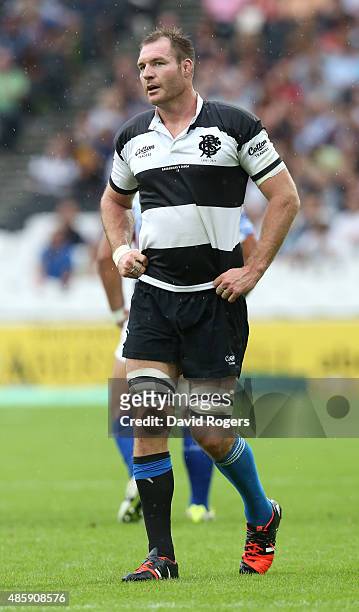 Ali Williams of the Barbarians looks on during the Rugby Union match between the Barbarians and Samoa at the Olympic Stadium on August 29, 2015 in...