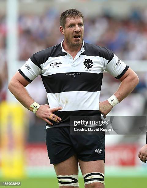 Bakkies Botha of the Barbarians looks on during the Rugby Union match between the Barbarians and Samoa at the Olympic Stadium on August 29, 2015 in...