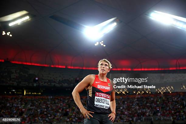 Christina Obergfoll of Germany competes in the Women's Javelin final during day nine of the 15th IAAF World Athletics Championships Beijing 2015 at...