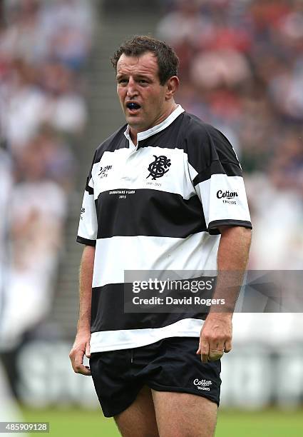 Carl Hayman of the Barbarians looks on during the Rugby Union match between the Barbarians and Samoa at the Olympic Stadium on August 29, 2015 in...