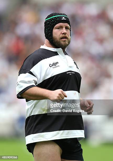 Benn Robinson of the Barbarians looks on during the Rugby Union match between the Barbarians and Samoa at the Olympic Stadium on August 29, 2015 in...