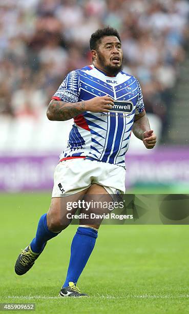 Ole Avei of Samoa looks on during the Rugby Union match between the Barbarians and Samoa at the Olympic Stadium on August 29, 2015 in London, England.