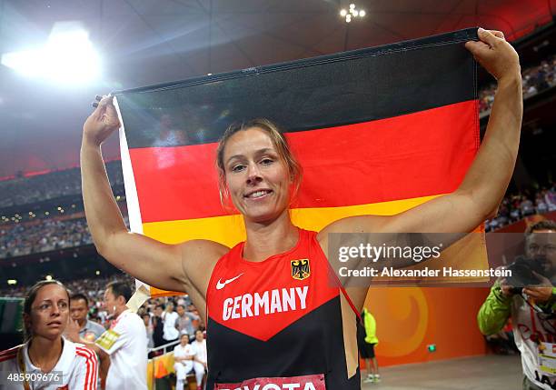 Kathrina Molitor of Germany celebrates after winning gold in the Women's Javelin final during day nine of the 15th IAAF World Athletics Championships...