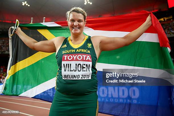 Sunette Viljoen of South Africa celebrates after winning bronze in the Women's Javelin final during day nine of the 15th IAAF World Athletics...