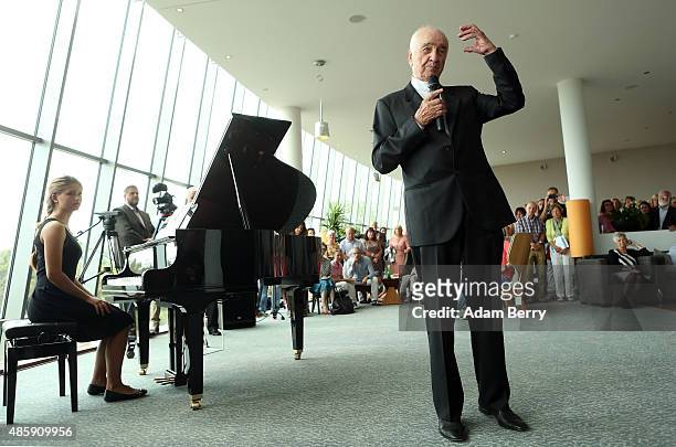 German Actor Armin Mueller-Stahl attends the opening of his 'Menschheitszirkus' exhibition on August 30, 2015 in Ahrenshoop, Germany. The exhibition...
