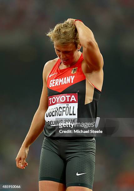 Christina Obergfoll of Germany reacts in the Women's Javelin final during day nine of the 15th IAAF World Athletics Championships Beijing 2015 at...