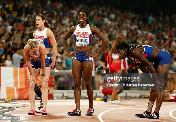 Christine Ohuruogu of Great Britain, Anyika Onuora of Great Britain, Eilidh Child of Great Britain and Seren Bundy-Davies of Great Britain celebrate...