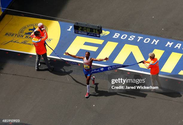 Meb Keflezighi of the United States crosses the finish line in first place to win the 2014 B.A.A. Boston Marathon on April 21, 2014 in Boston,...