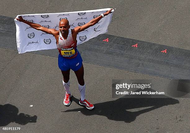 Meb Keflezighi of the United States reacts after coming in first place in the 2014 B.A.A. Boston Marathon on April 21, 2014 in Boston, Massachusetts....