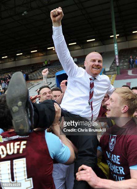 Burnley manager Sean Dyche celebrates following the Sky Bet Championship match between Burnley and Wigan Athletic at Turf Moor on April 21, 2014 in...