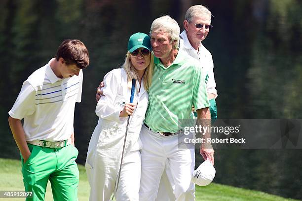 Masters Preview: View of Ben Crenshaw with Mandy Snedeker, wife and caddie of Brandt Snedeker, during Par 3 Tournament on Wednesday at Augusta...