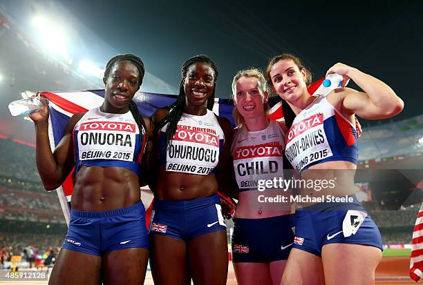 Christine Ohuruogu of Great Britain, Anyika Onuora of Great Britain, Eilidh Child of Great Britain and Seren Bundy-Davies of Great Britain celebrate...