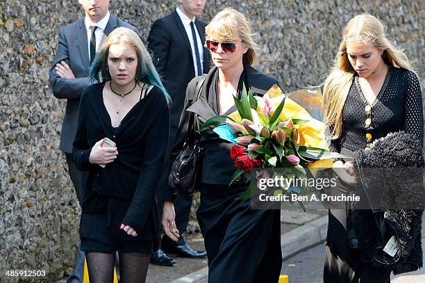 Lola Daisy May Leng Taylor, Debbie Leng and Tiger Lily Taylor attends the funeral of Peaches Geldof, who died aged 25 on April 7, at St Mary...