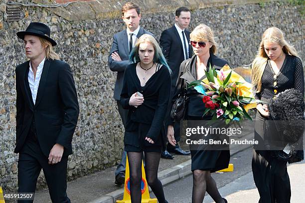 Rufus Tiger Taylor, Lola Daisy May Leng Taylor, Debbie Leng and Tiger Lily Taylor attends the funeral of Peaches Geldof, who died aged 25 on April 7,...