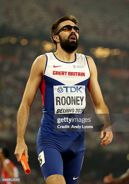 Martyn Rooney of Great Britain celebrates after winning bronze in the Men's 4x400 Metres Relay final during day nine of the 15th IAAF World Athletics...