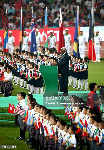 President Lamine Diack speaks during the closing ceremony during day nine of the 15th IAAF World Athletics Championships Beijing 2015 at Beijing...