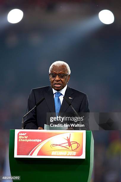 President Lamine Diack speaks during the closing ceremony during day nine of the 15th IAAF World Athletics Championships Beijing 2015 at Beijing...