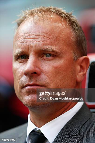 Ajax assistant manager / coach, Dennis Bergkamp looks on during the Dutch Eredivisie match between Ajax Amsterdam and ADO Den Hagg on August 30, 2015...