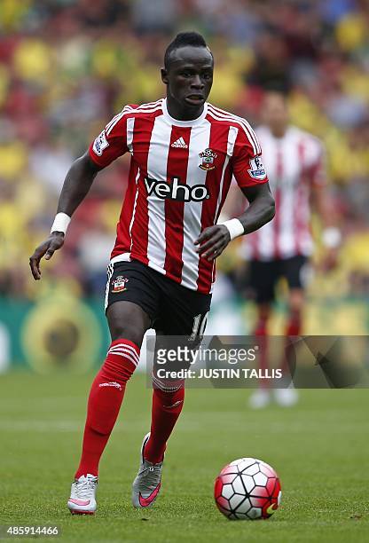 Southampton's Senegalese midfielder Sadio Mane runs with the ball during the English Premier League football match between Southampton and Norwich...