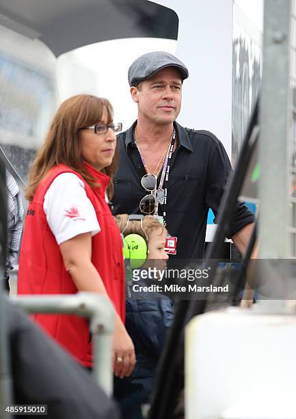 Brad Pitt and his son Knox Jolie-Pitt attend the MotoGP British Grand Prix race at Silverstone ahead of the release of documentary Hitting The Apex....