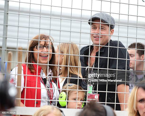 Brad Pitt and his son Knox Jolie-Pitt attend the MotoGP British Grand Prix race at Silverstone ahead of the release of documentary Hitting The Apex....