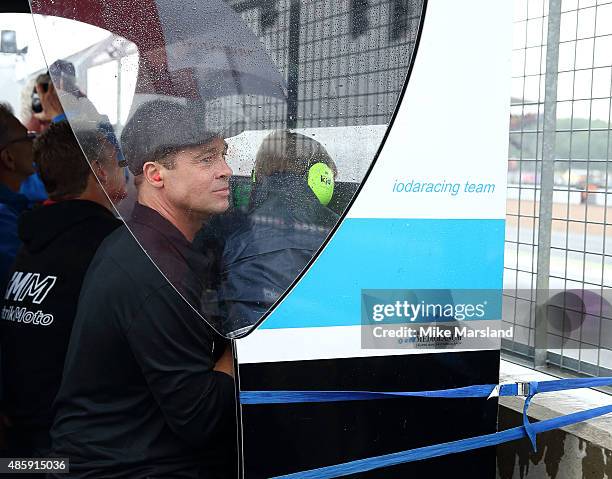 Brad Pitt attends the MotoGP British Grand Prix race at Silverstone ahead of the release of documentary Hitting The Apex. Pitt is presenting the...