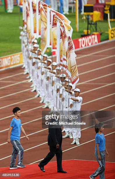 President Lamine Diack arrives to speak on stage during the closing ceremony during day nine of the 15th IAAF World Athletics Championships Beijing...