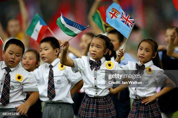 Young children perform during the closing ceremony on day nine of the 15th IAAF World Athletics Championships Beijing 2015 at Beijing National...
