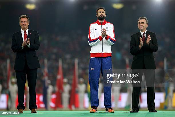 President of UK athletics Lynn Davies, Martyn Rooney Captain of Great Britain and Simon Cooper, Head of Sport, Mayor's Office at Greater London...