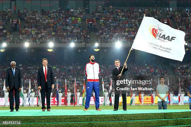 President Lamine Diack, President of UK athletics Lynn Davies, Martyn Rooney Captain of Great Britain and Simon Cooper, Head of Sport, Mayor's Office...