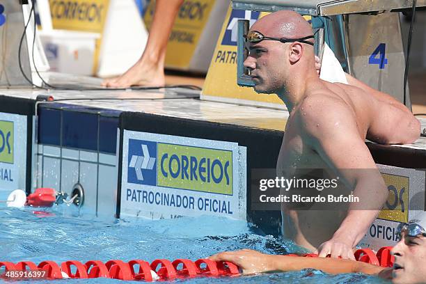 Joao de Lucca competes on the qualifying for 200m Freestyle on day one of the Maria Lenk Swimming Trophy 2014 at Ibirapuera Sports Complex on April...