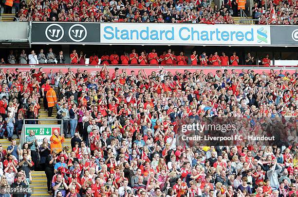 In this handout image provided by Liverpool FC. The Liverpool first team during the celebration of the 96 Charity Match at Anfield on April 21, 2014...