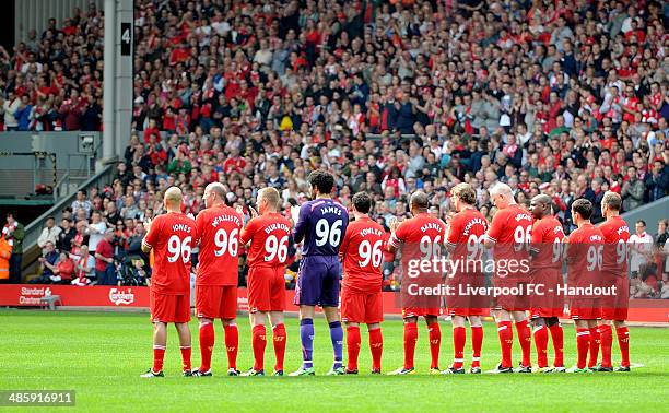 In this handout image provided by Liverpool FC, LFC Local Legends at the end of the celebration of the 96 Charity Match at Anfield on April 21, 2014...