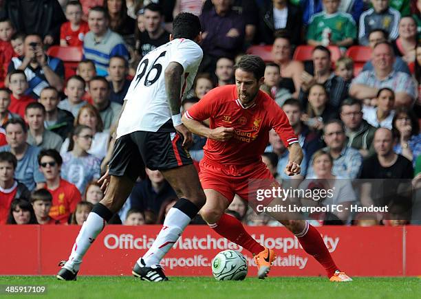 In this handout image provided by Liverpool FC, Jamie Redknapp and Abel Xavier of Liverpool during the celebration of the 96 Charity Match at Anfield...