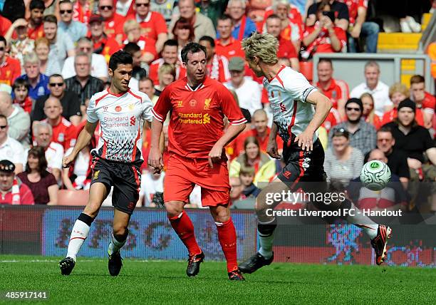 In this handout image provided by Liverpool FC, Robbie Fowler of Liverpool during the celebration of the 96 Charity Match at Anfield on April 21,...