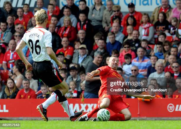 In this handout image provided by Liverpool FC, Sami Hyypia and John Aldridge of Liverpool during the celebration of the 96 Charity Match at Anfield...