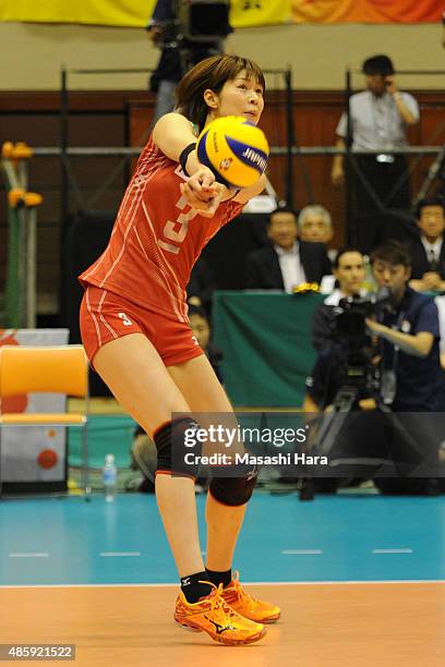 Saori Kimura of Japan receives the ball during in the match between Japan and Peru during the FIVB Women's Volleyball World Cup Japan 2015 at Sendai...