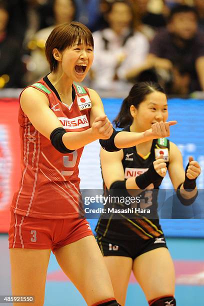Saori Kimura of Japan celebrates a point in the match between Japan and Peru during the FIVB Women's Volleyball World Cup Japan 2015 at Sendai City...