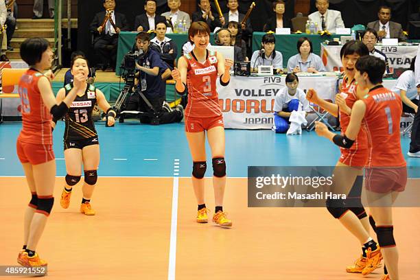 Saori Kimura of Japan celebrates a point in the match between Japan and Peru during the FIVB Women's Volleyball World Cup Japan 2015 at Sendai City...