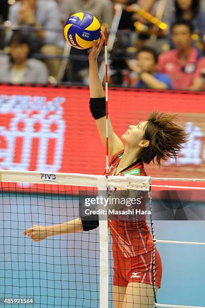 Saori Kimura of Japan attacks during in the match between Japan and Peru during the FIVB Women's Volleyball World Cup Japan 2015 at Sendai City...