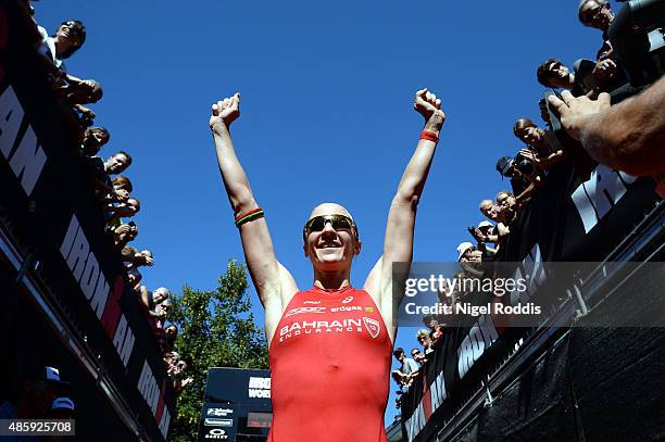 Daniela Ryf of Switzerland celebrates winning the womans race of Ironman 70.3 World Championship on August 30, 2015 in Zell am See, Austria.