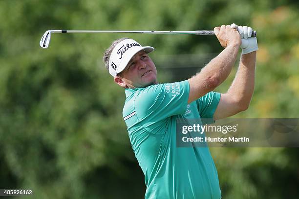Jason Bohn of the United States in action during the third round of The Barclays at Plainfield Country Club on August 29, 2015 in Edison, New Jersey.