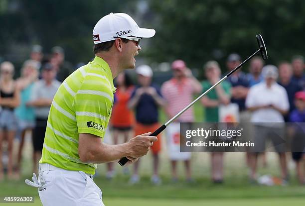 Zach Johnson of the United States reacts to a missed putt during the third round of The Barclays at Plainfield Country Club on August 29, 2015 in...